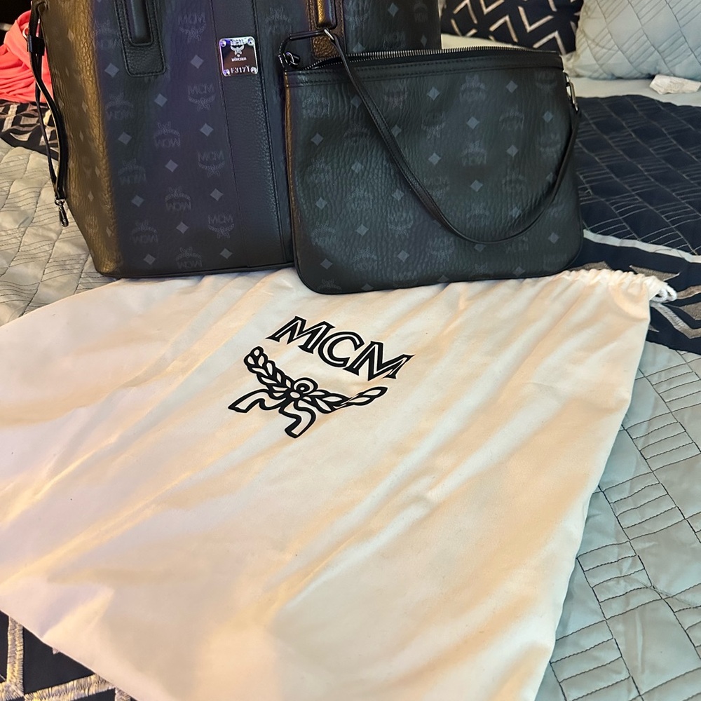 MCM Charcoal Monogram Tote and Pouch Set